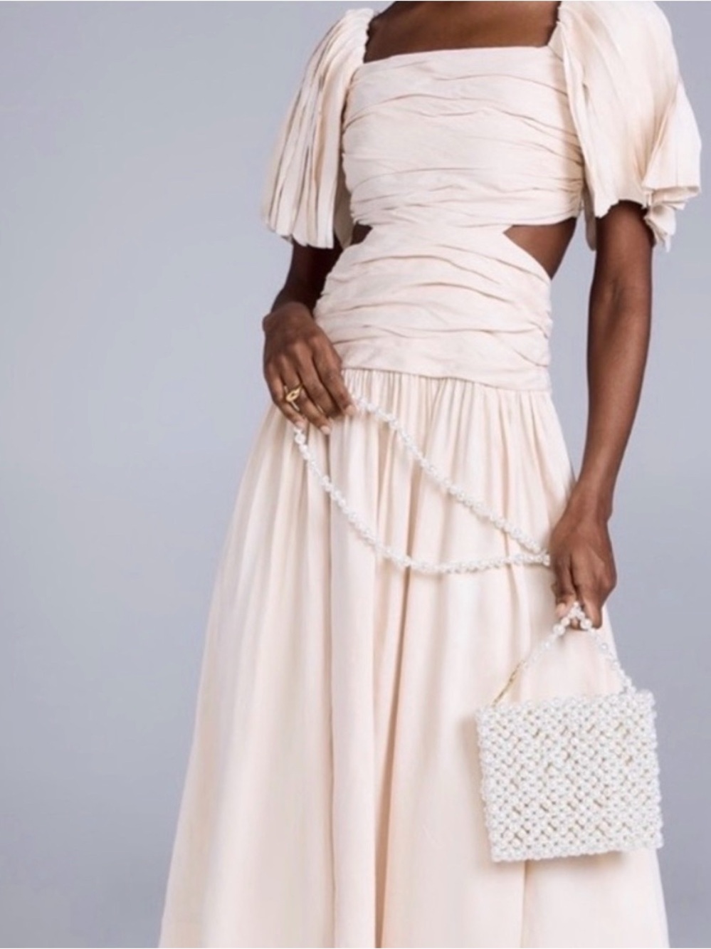 Aje Cream Ruched Midi Dress with Puff Sleeve Detail new with tag